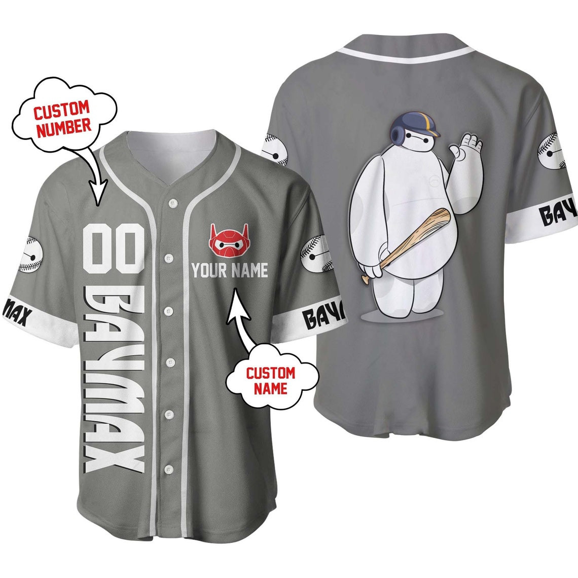 Baymax Big Hero Grey White Disney Unisex Cartoon Custom Baseball Jersey Personalized Shirt Men Women