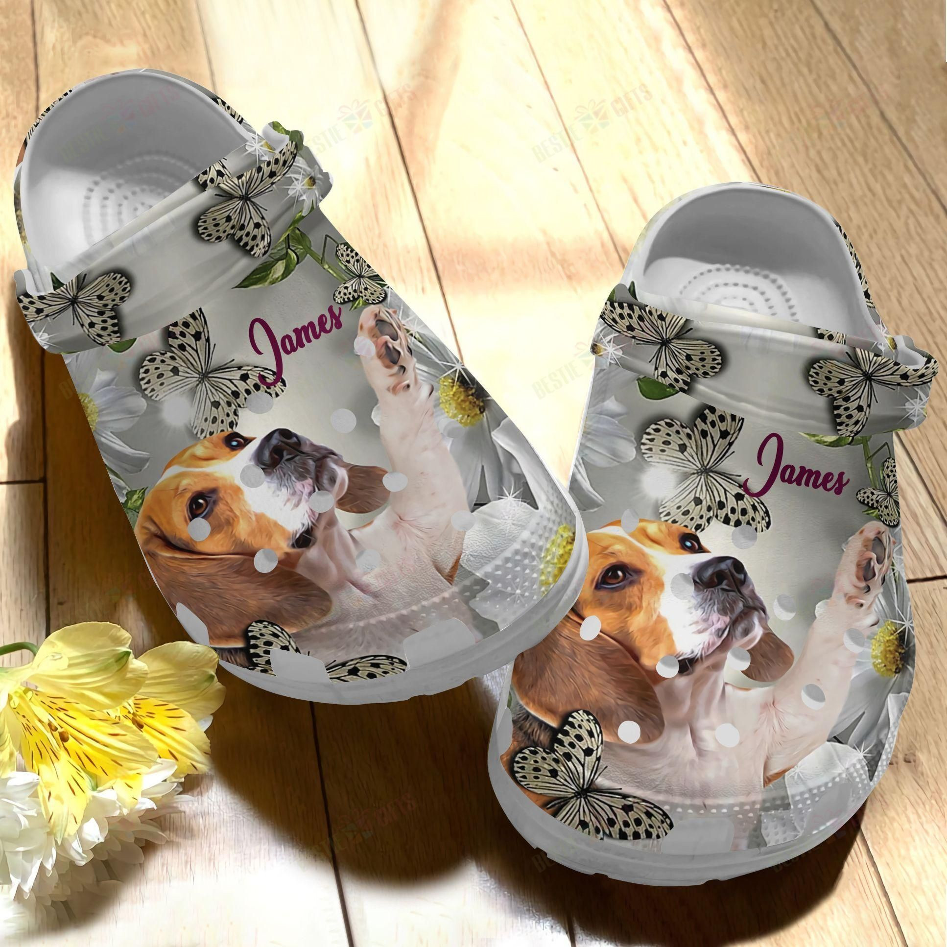 Beagle Personalized Crocs Classic Clog Whitesole Beagle And Daisy Flower Shoes