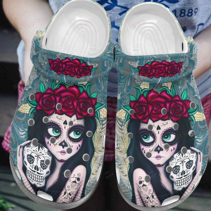 Beautiful Girl Flower Sugar Skull Mexican Crocs Classic Clogs Shoes