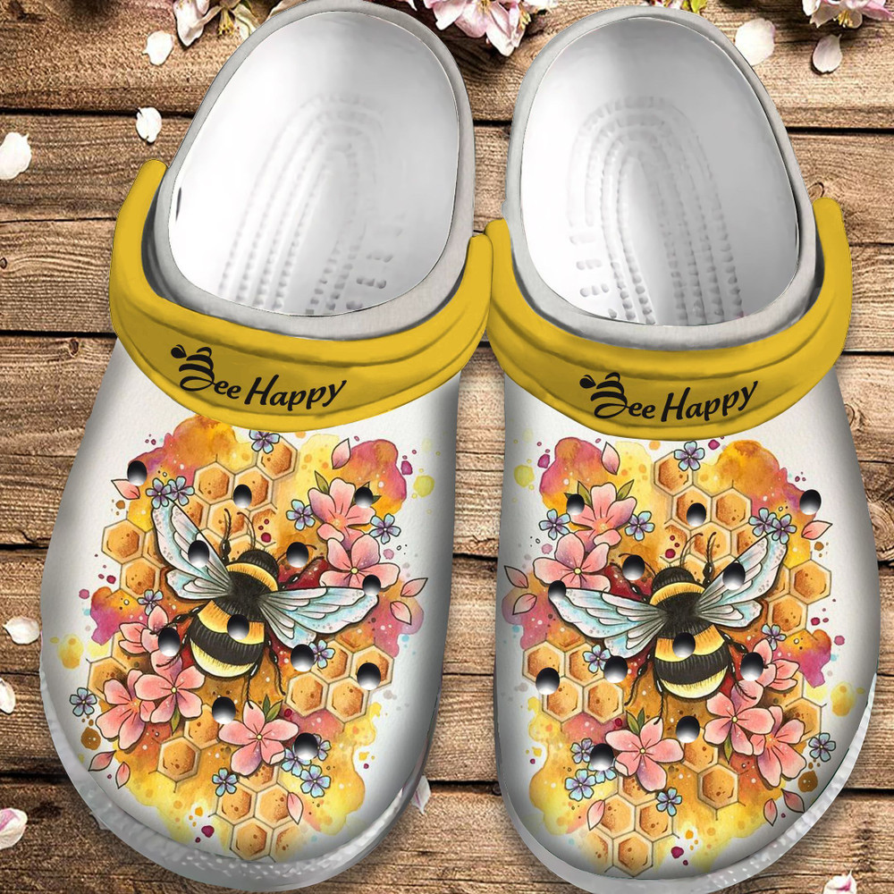 Bee Happy Flower Honey 4 Gift For Lover Rubber Crocs Clog Shoes Comfy Footwear