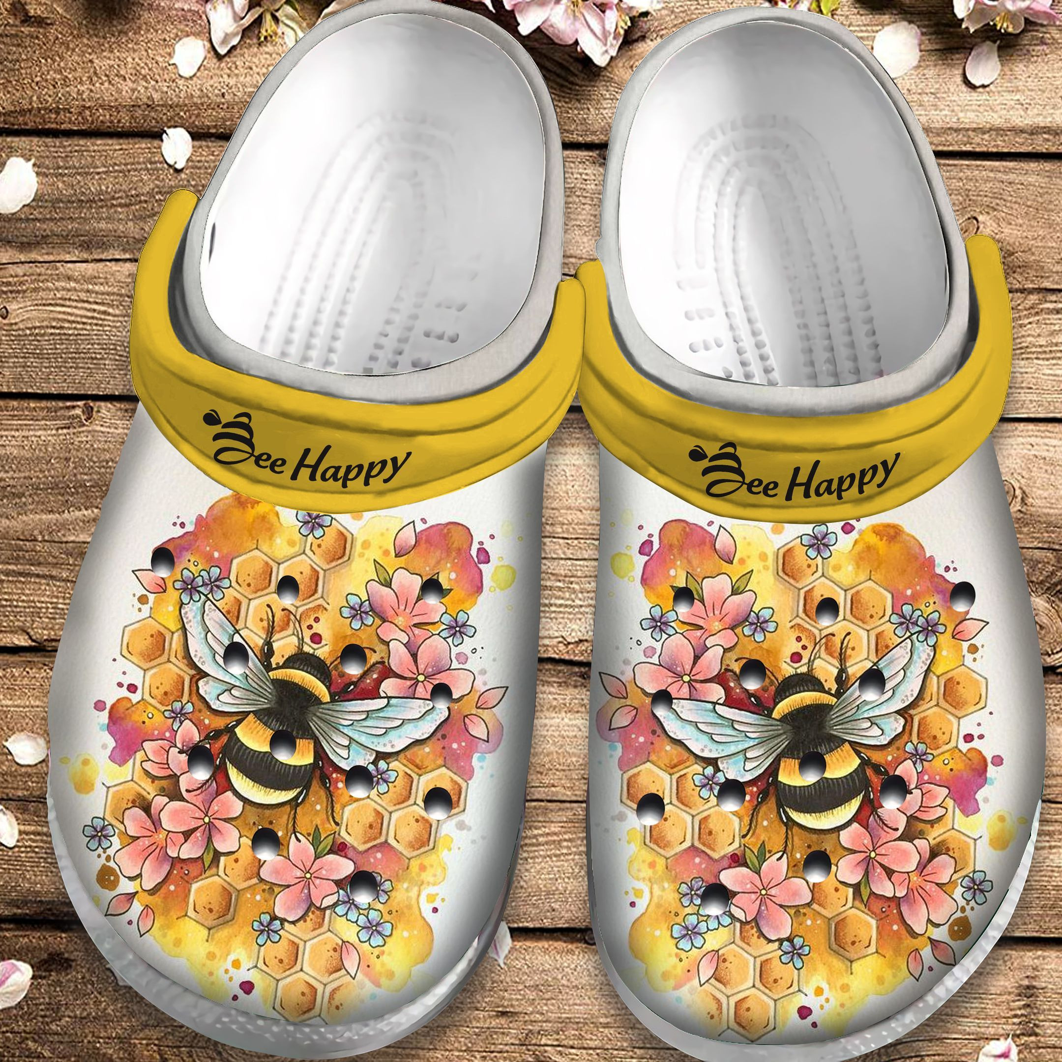 Bee Happy Shoes Flower Honey Crocs Crocbland Clog Gift For Woman Girl Mother Daughter