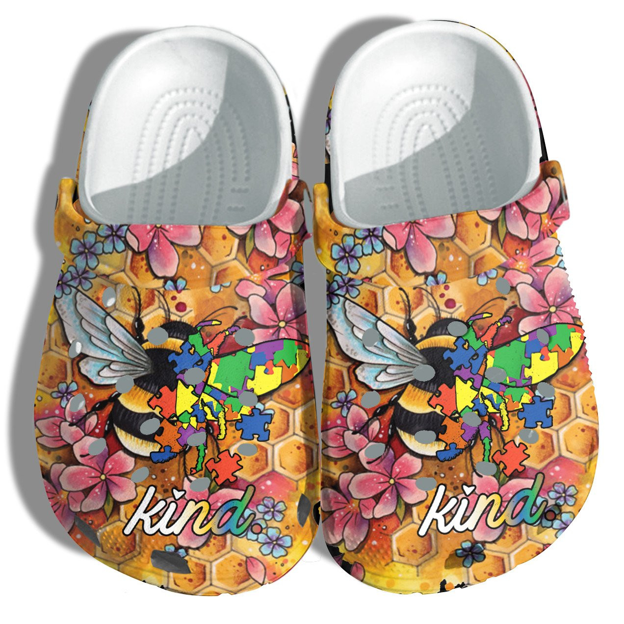 Bee Kind Flower Autism Puzzel Crocs Shoes Vintage - Autism Awareness Be Kind Shoes Croc Clogs