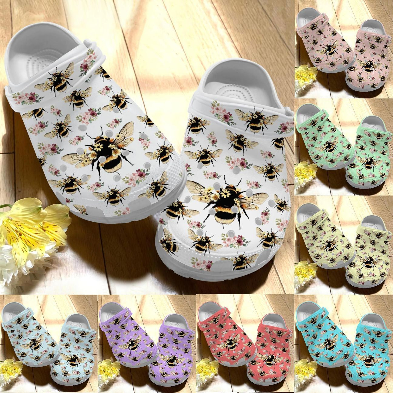 Bee Personalize Clog Custom Crocs Fashionstyle Comfortable For Women Men Kid Print 3D Whitesole Bee Flower