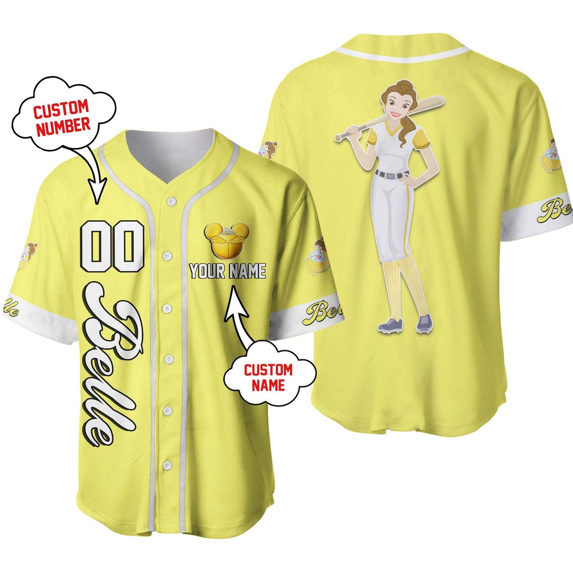 Belle Beauty The Beast Custom name Disney Unisex Cartoon Custom Baseball Jersey Personalized Shirt Men Women