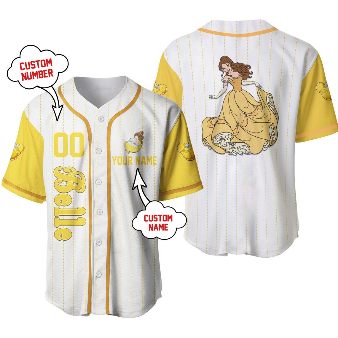 Belle Disney Personalized Baseball Jersey Disney Unisex Cartoon Custom Baseball Jersey Personalized Shirt Men Women