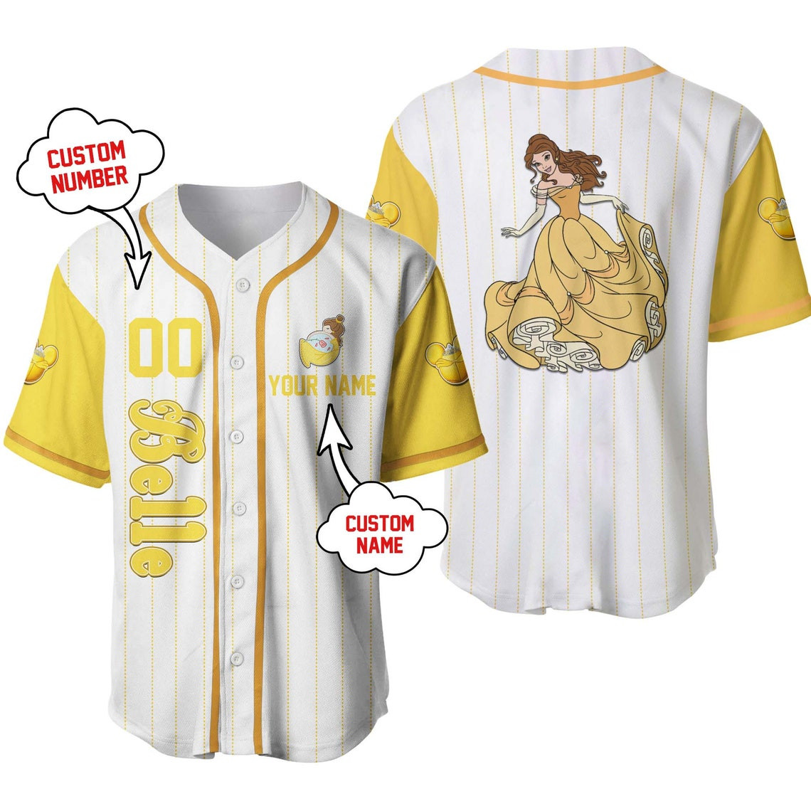 Belle Disney Princesses Disney Unisex Cartoon Custom Baseball Jersey Personalized Shirt Kid Youth Men Women