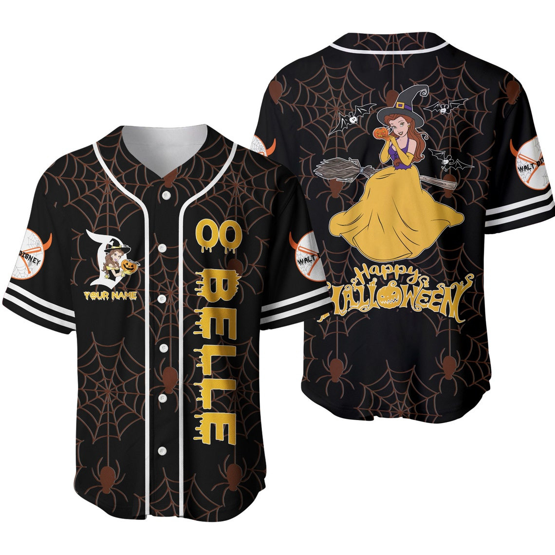 Belle Princess Black Yellow Happy Halloween Disney Unisex Cartoon Custom Baseball Jersey Personalized Shirt Men Women