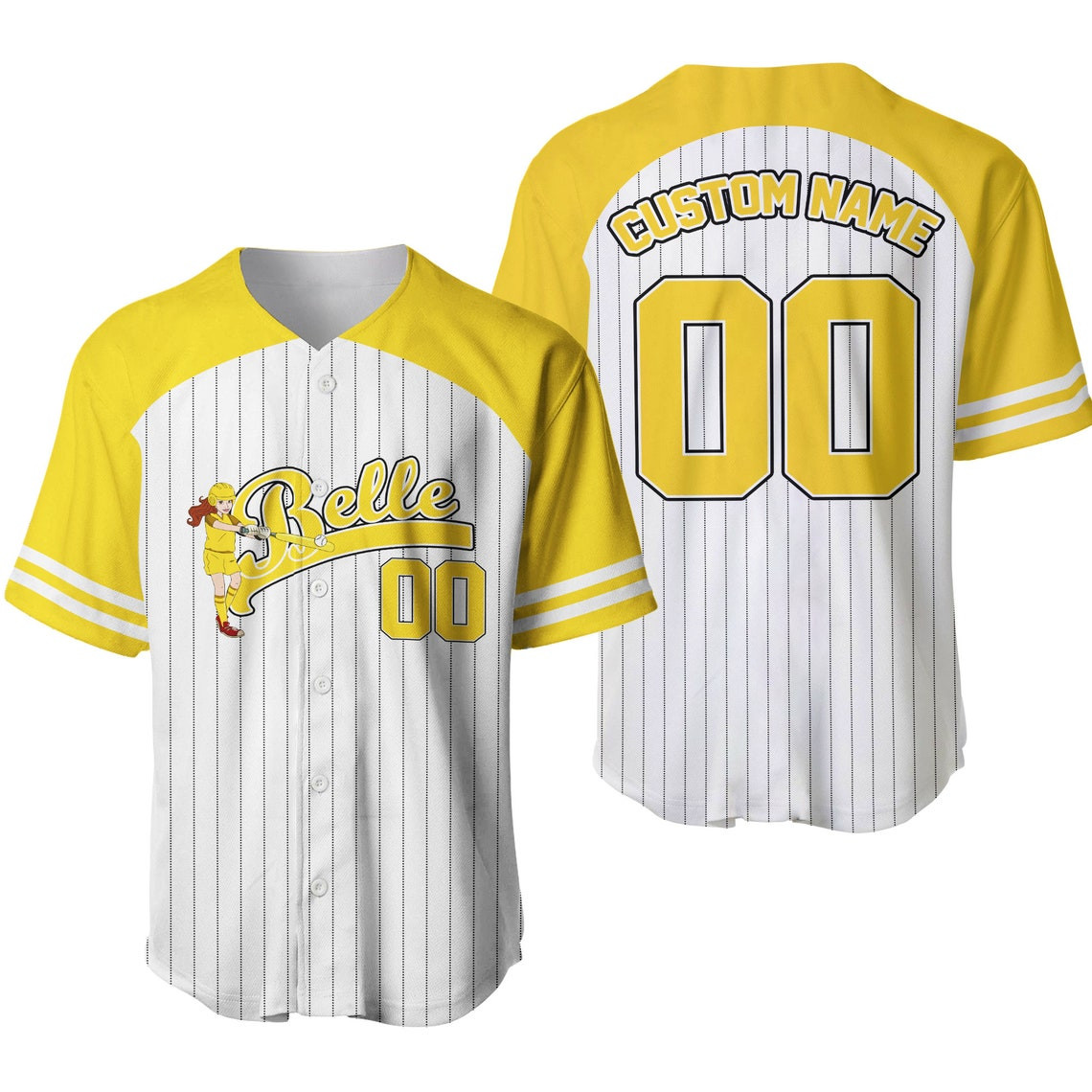 Belle Princess Striped Yellow White Unisex Cartoon Custom Baseball Jersey Personalized Shirt Men Women