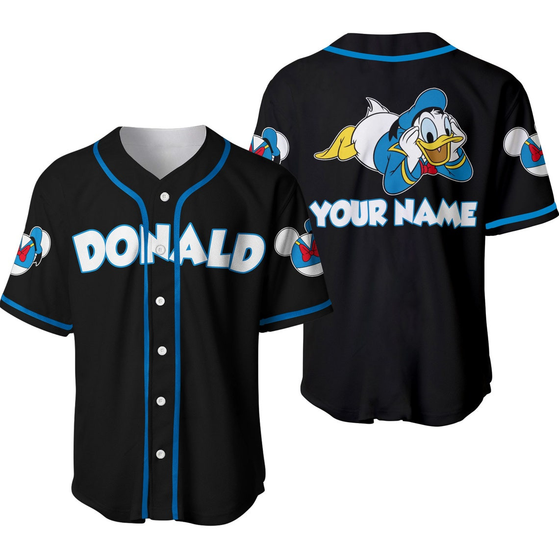 Black Blue Chilling Donald Duck Disney Unisex Cartoon Custom Baseball Jersey Personalized Shirt Men Women