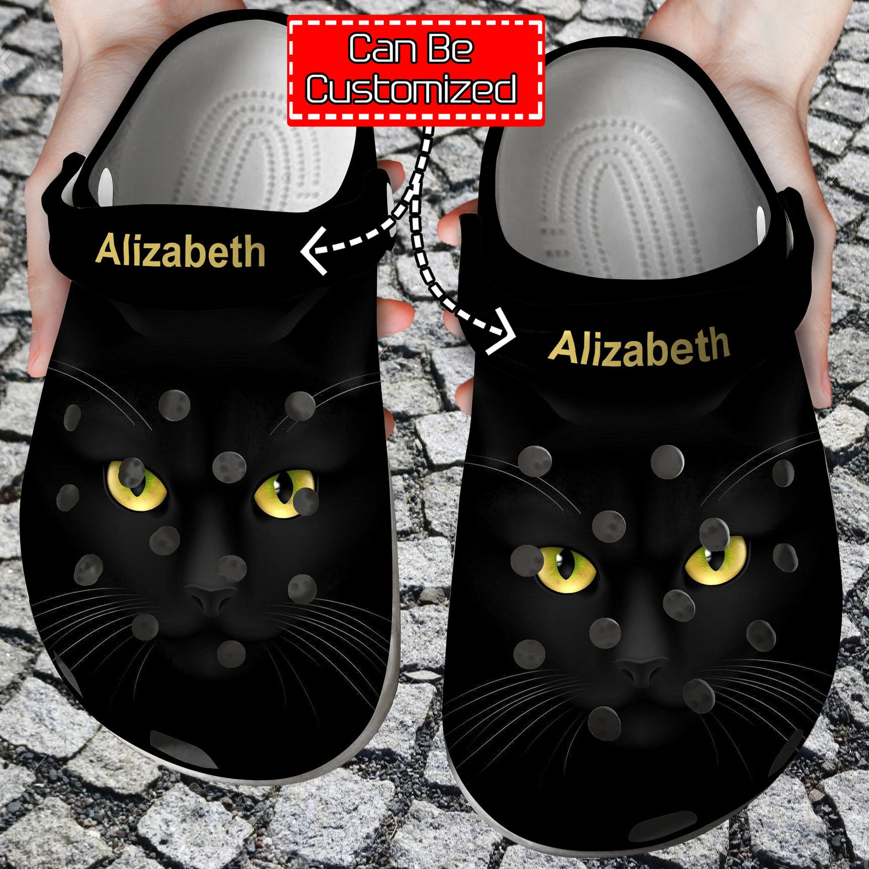 Black Cat Face Print Personalized Clogs Shoes With Your Name Cat Crocs