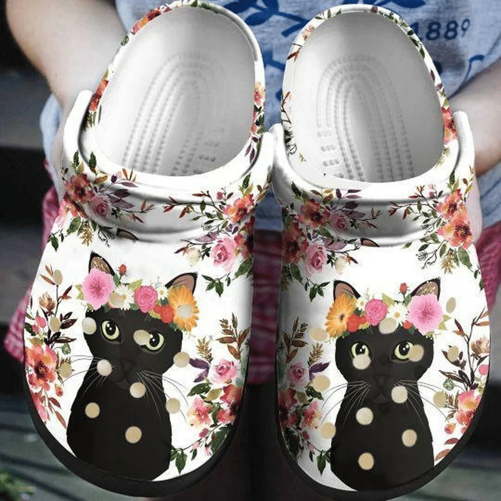 Black Cat Flower Personalized 6 Gift For Lover Rubber Crocs Clog Shoes Comfy Footwear
