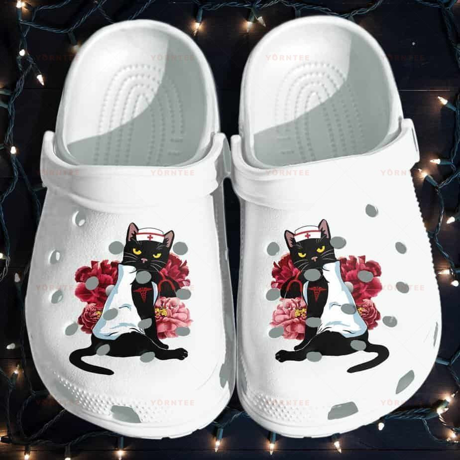 Black Cat Nurse Lover Flower Tattoo Gift For Lover Rubber Crocs Clog Shoes Comfy Footwear