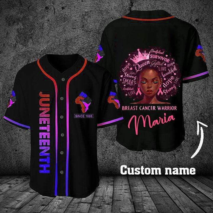 Black Girl Breast Cancer Warrior Juneteenth Custom Name Baseball Jersey, Unisex Jersey Shirt for Men Women