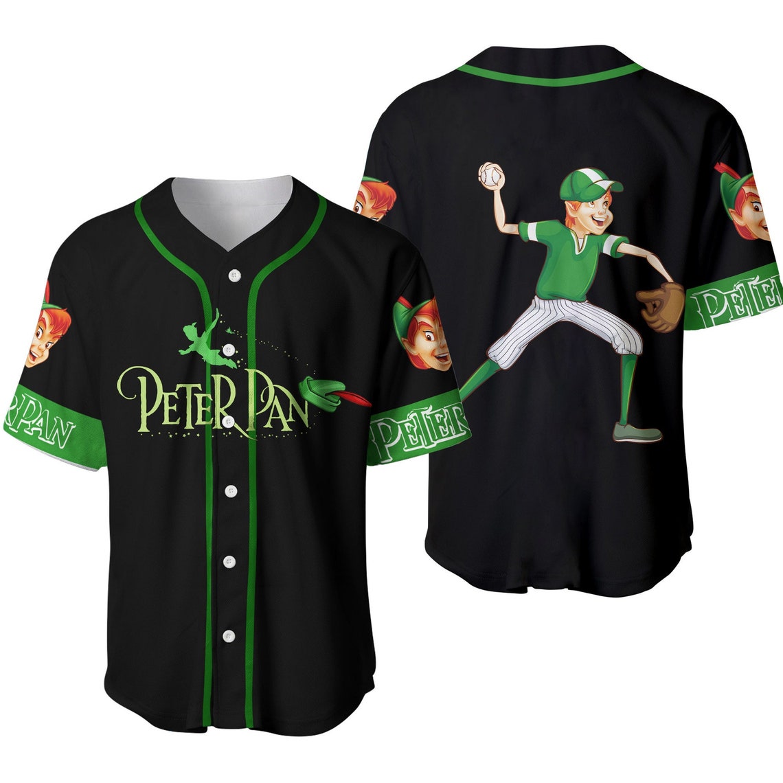 Black Green Peter Pan Disney Unisex Cartoon Custom Baseball Jersey Personalized Shirt Men Women