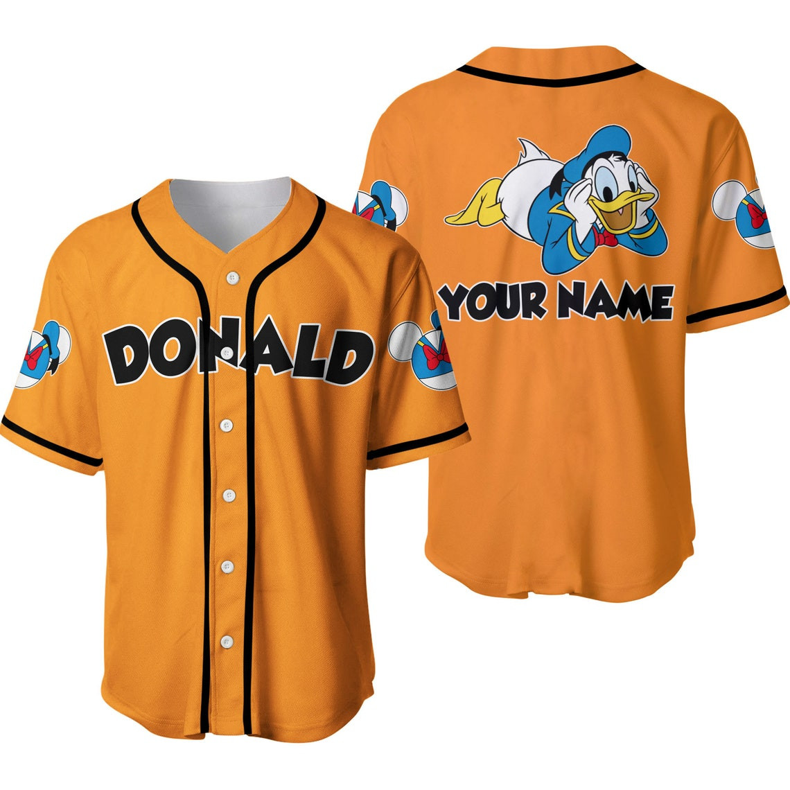 Black Orange Chilling Donald Duck Disney Unisex Cartoon Custom Baseball Jersey Personalized Shirt Men Women