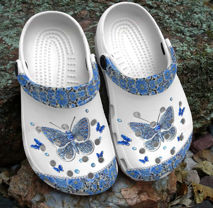 Blue Bling Butterfly Crocs Classic Clogs Shoes