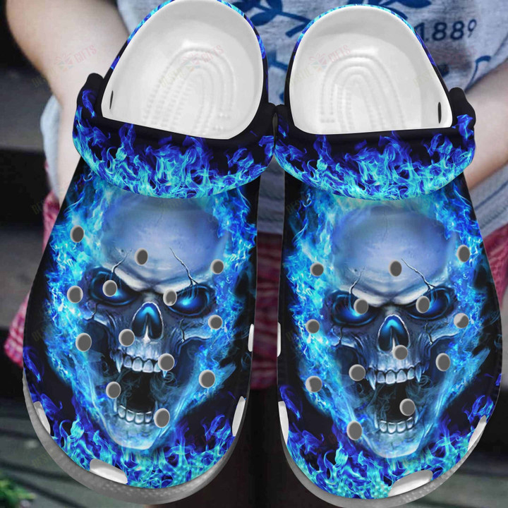 Blue Fire Skull Crocs Classic Clogs Shoes