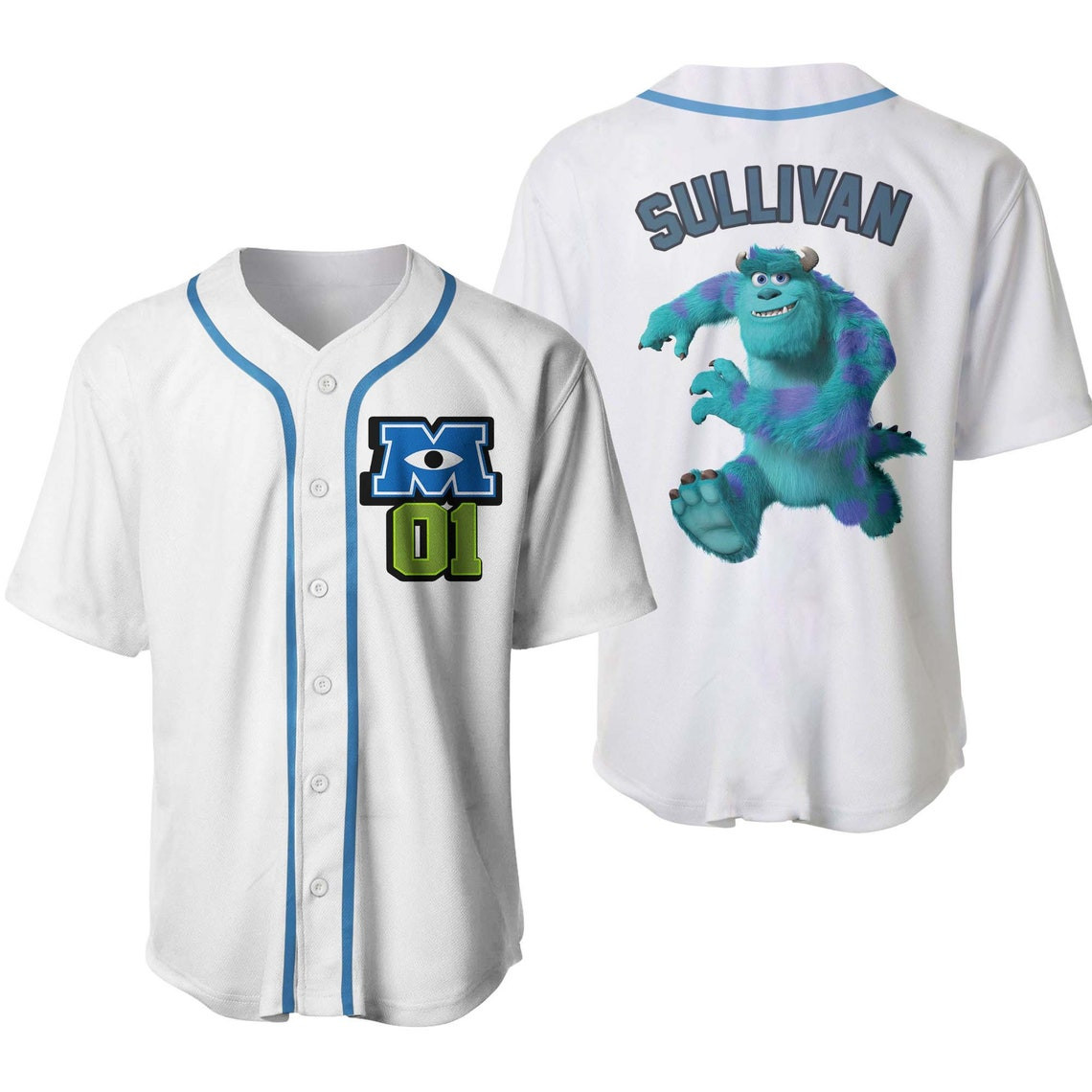 Blue Monster James P Sullivan White Disney Unisex Cartoon Custom Baseball Jersey Personalized Shirt Men Women
