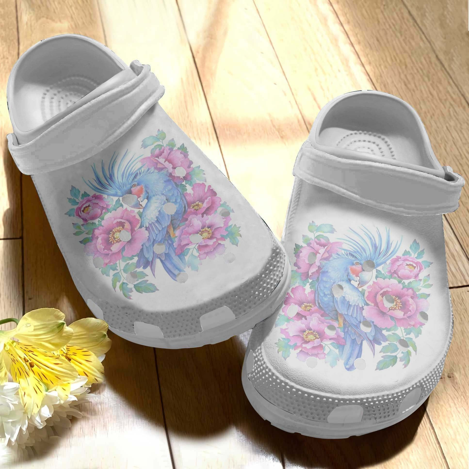 Blue Parrot With Pink Flower Crocs Shoes Clog Birthday Gifts For Girl Daughter Niece Friends