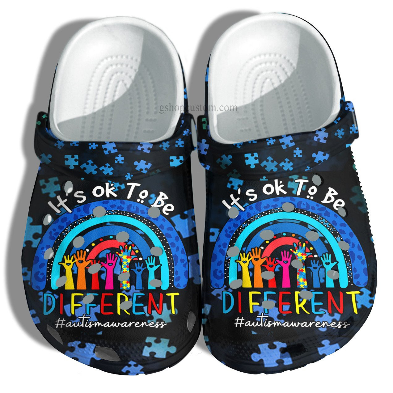 Blue Rainbow Autism Sign Hand Crocs Shoes For Girl Son Daughter – Its Ok To Be Different Autism Awareness Shoes Croc Clogs