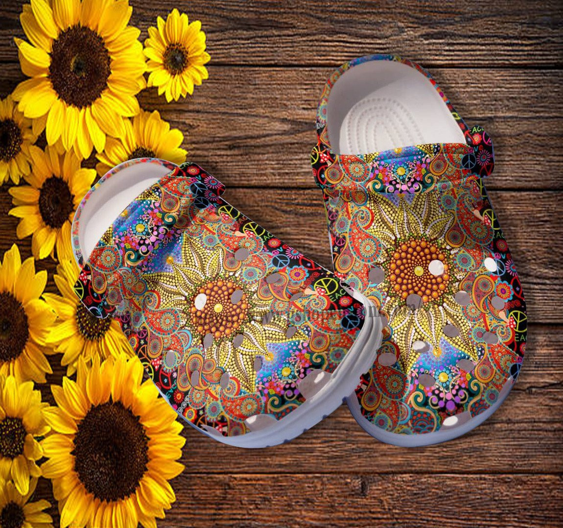 Boho Trippy Sunflower Twinkle Croc Shoes - Hippie Peace Boho Flower Shoes Croc Clogs Customize Birthday Girl
