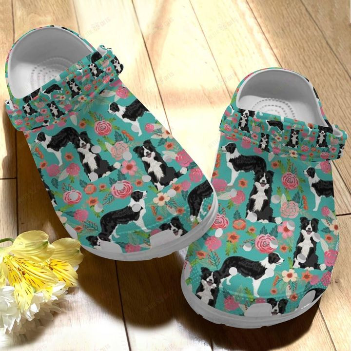 Border Collie White Sole Floral Pattern Crocs Classic Clogs Shoes