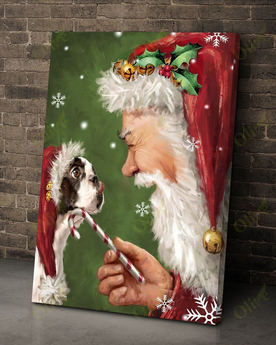 Boston Terrier Talking To Santa Poster And Canvas Art Wall Decor