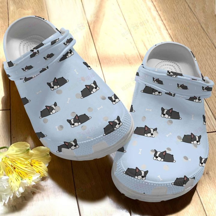 Boston Terrier White Sole Blue Pattern Crocs Classic Clogs Shoes