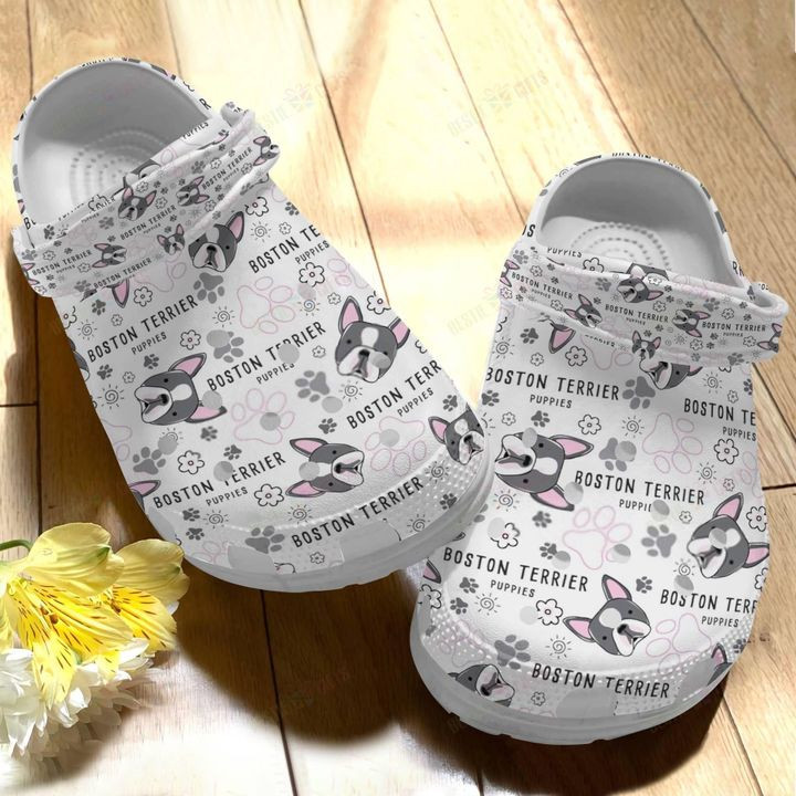 Boston Terrier White Sole Pink Pattern Crocs Classic Clogs Shoes