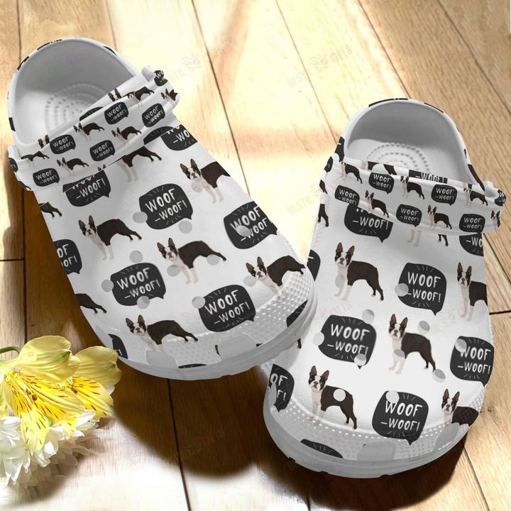 Boston Terrier White Sole Woof Crocs Classic Clogs Shoes
