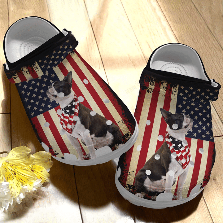 Boston Terrier in Independence Day Clogs Crocs Shoes