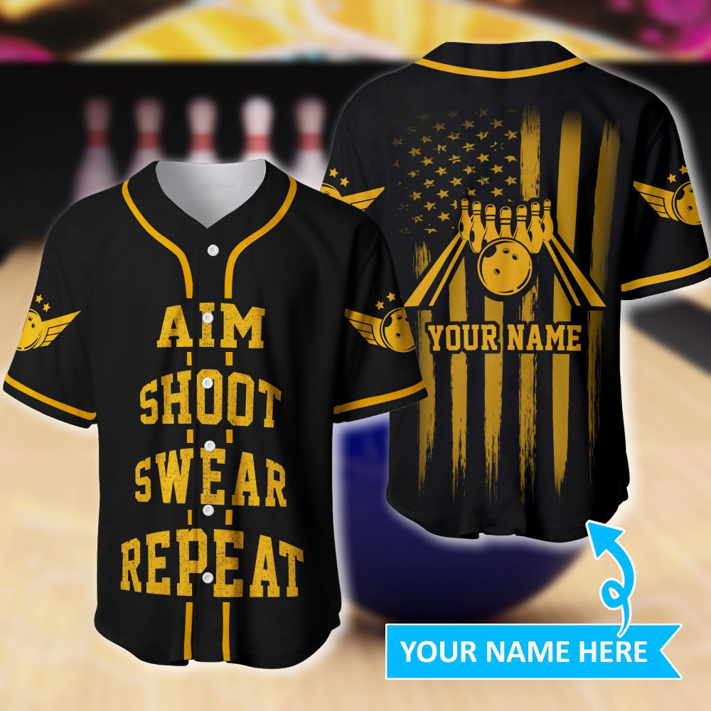 Bowling Aim Shoot Swear Repeat Custom Name Baseball Jersey