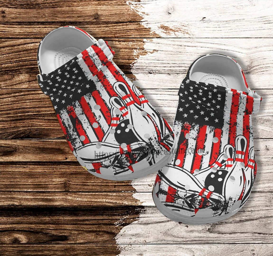 Bowling America Flag Croc Shoes Gift Father Day 2022- Bowling 4Th Of July Shoes Croc Clogs Gift Men Women