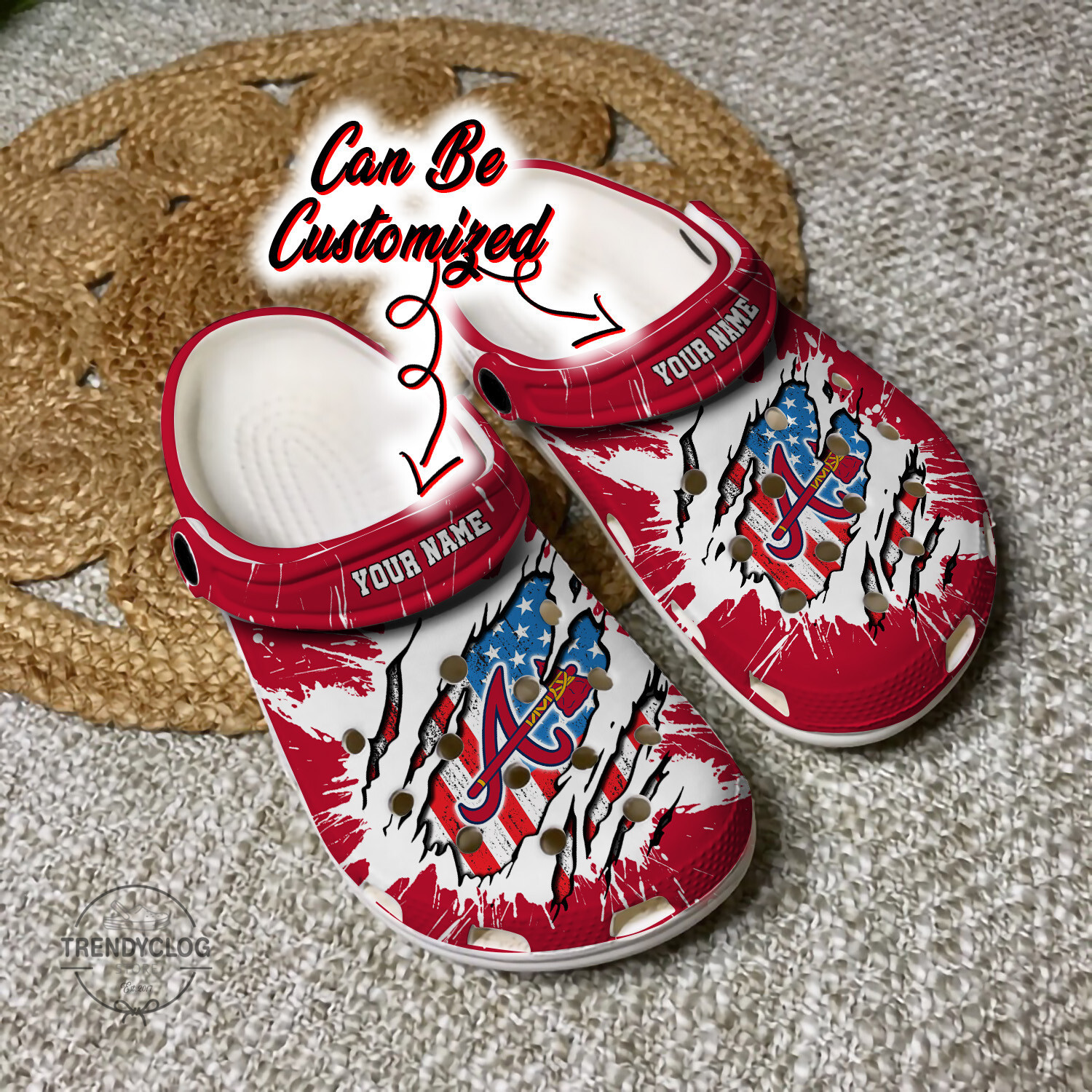 Braves Crocs Personalized ABraves Baseball Ripped American Flag Clog Shoes