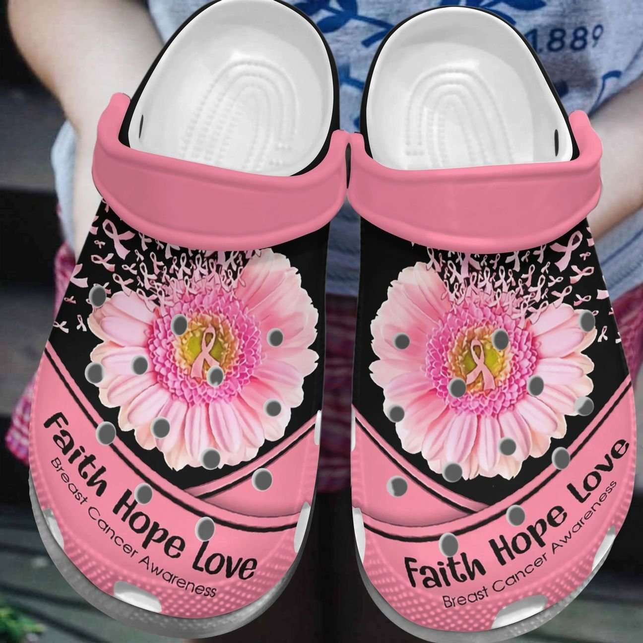 Breast Cancer Awareness Faith Hope Love Daisy Flower Crocs Crocband Clog Shoes