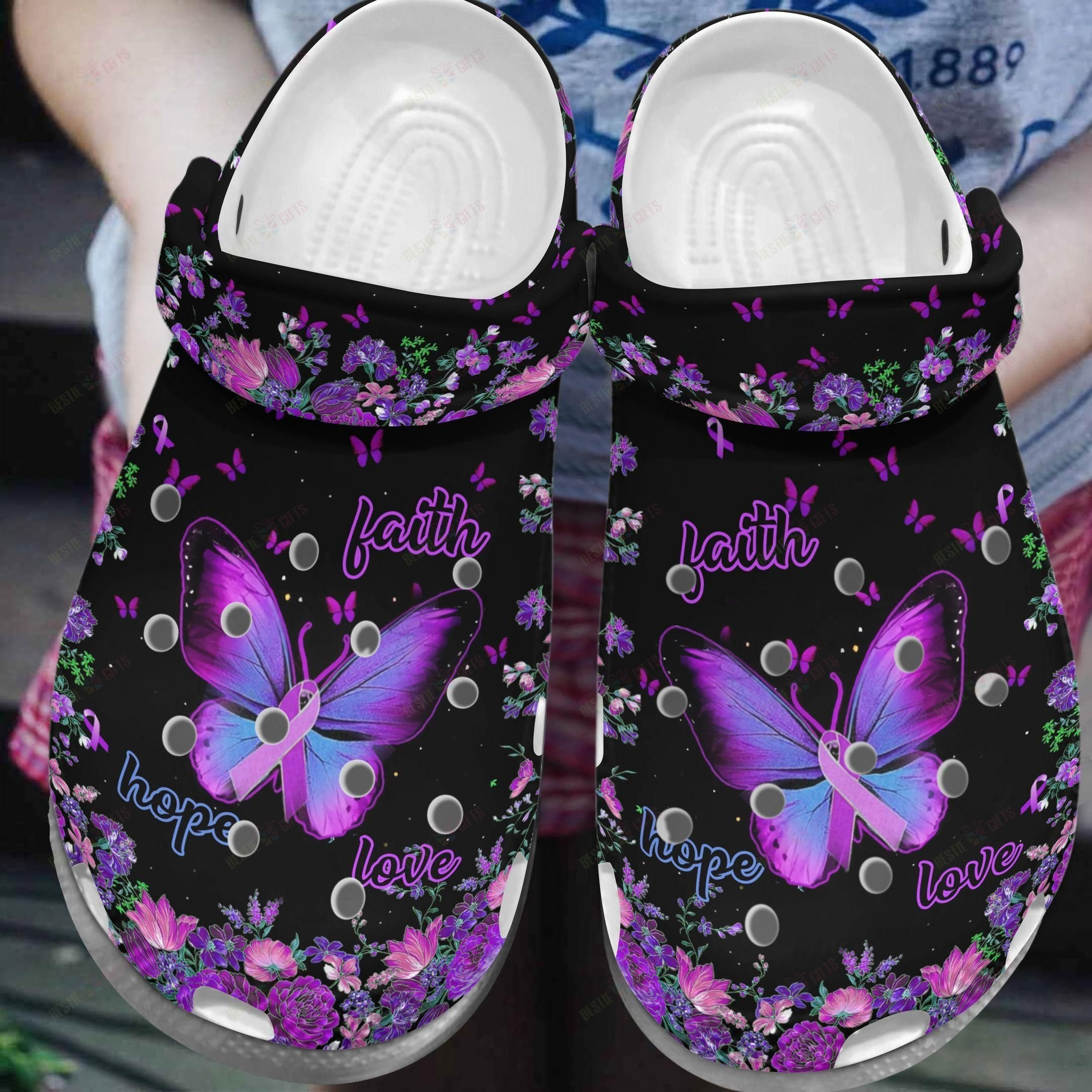 Breast Cancer Crocs Classic Clog Purple Butterfly Shoes