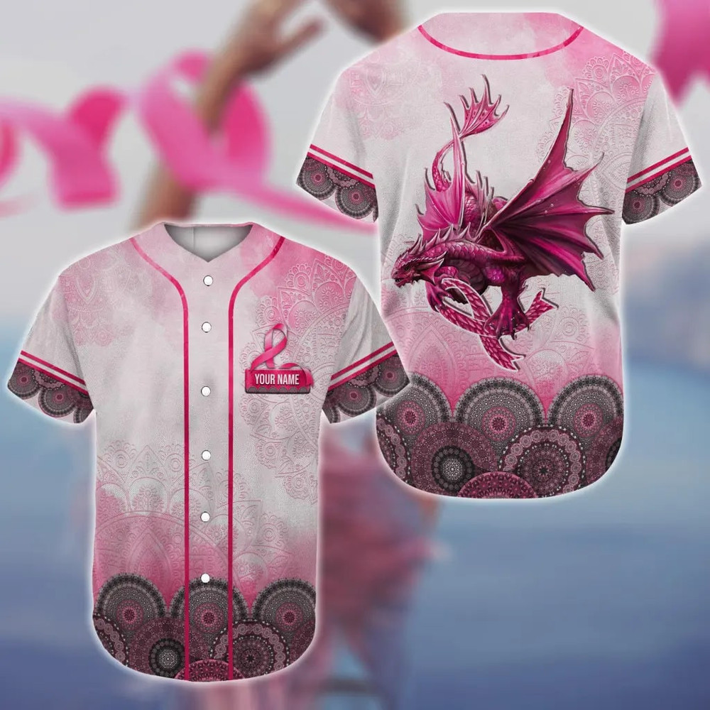 Breast Cancer Dragon Mandala Custom Name Baseball Jersey, Unisex Jersey Shirt for Men Women