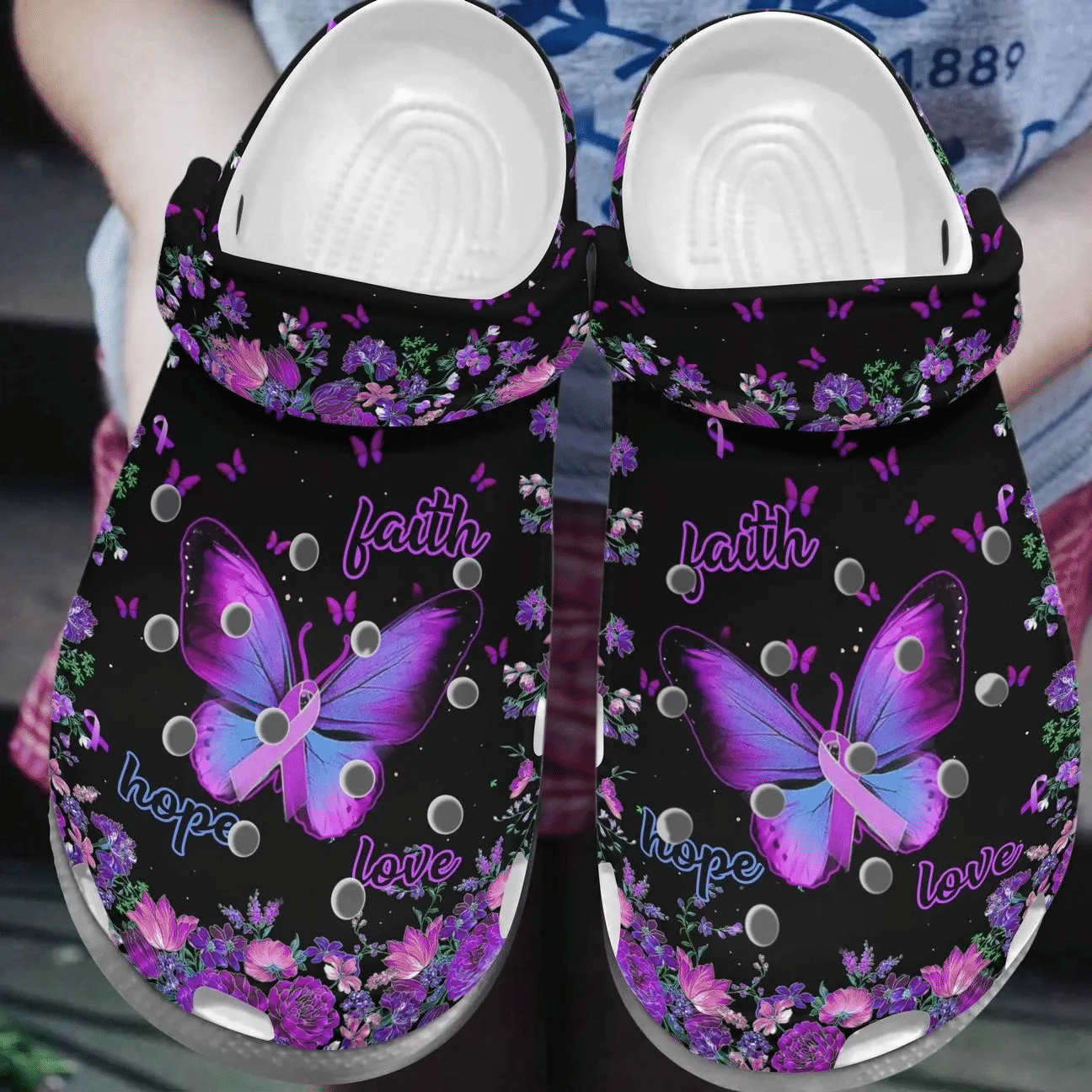 Breast Cancer Personalize Clog Custom Crocs Fashionstyle Comfortable For Women Men Kid Print 3D Purple Butterfly