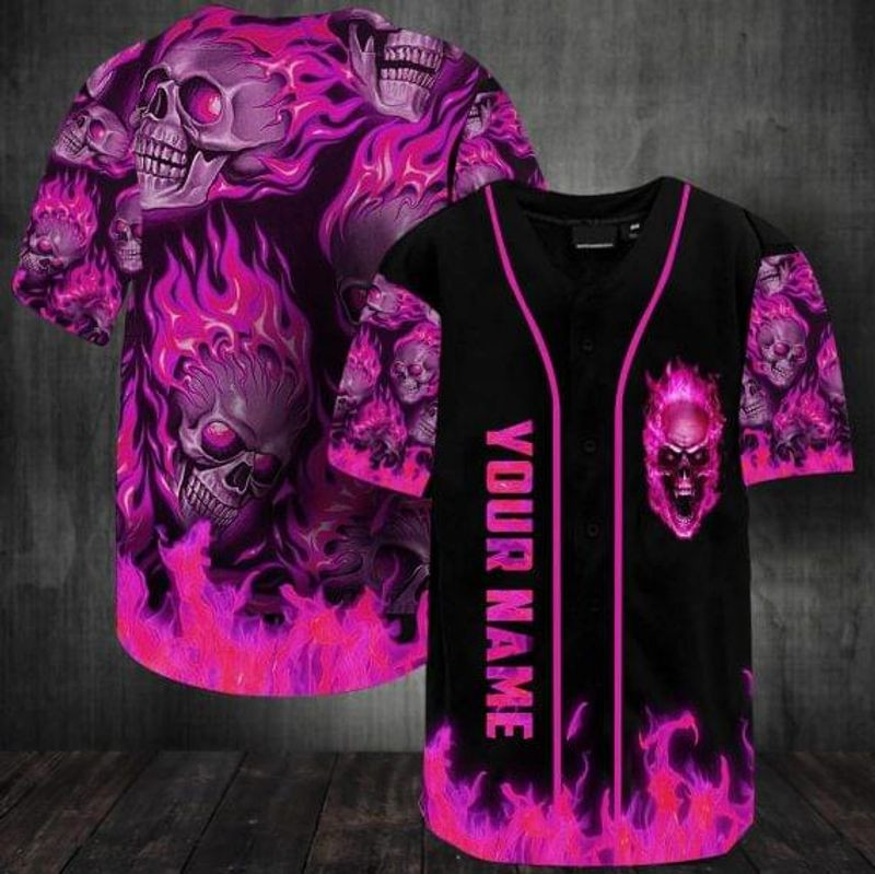 Breast Cancer Pink Smoke Skull Custom Name Baseball Jersey