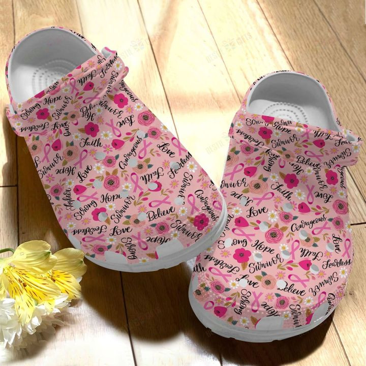 Breast Cancer White Sole Love Believe Survivor Crocs Classic Clogs Shoes