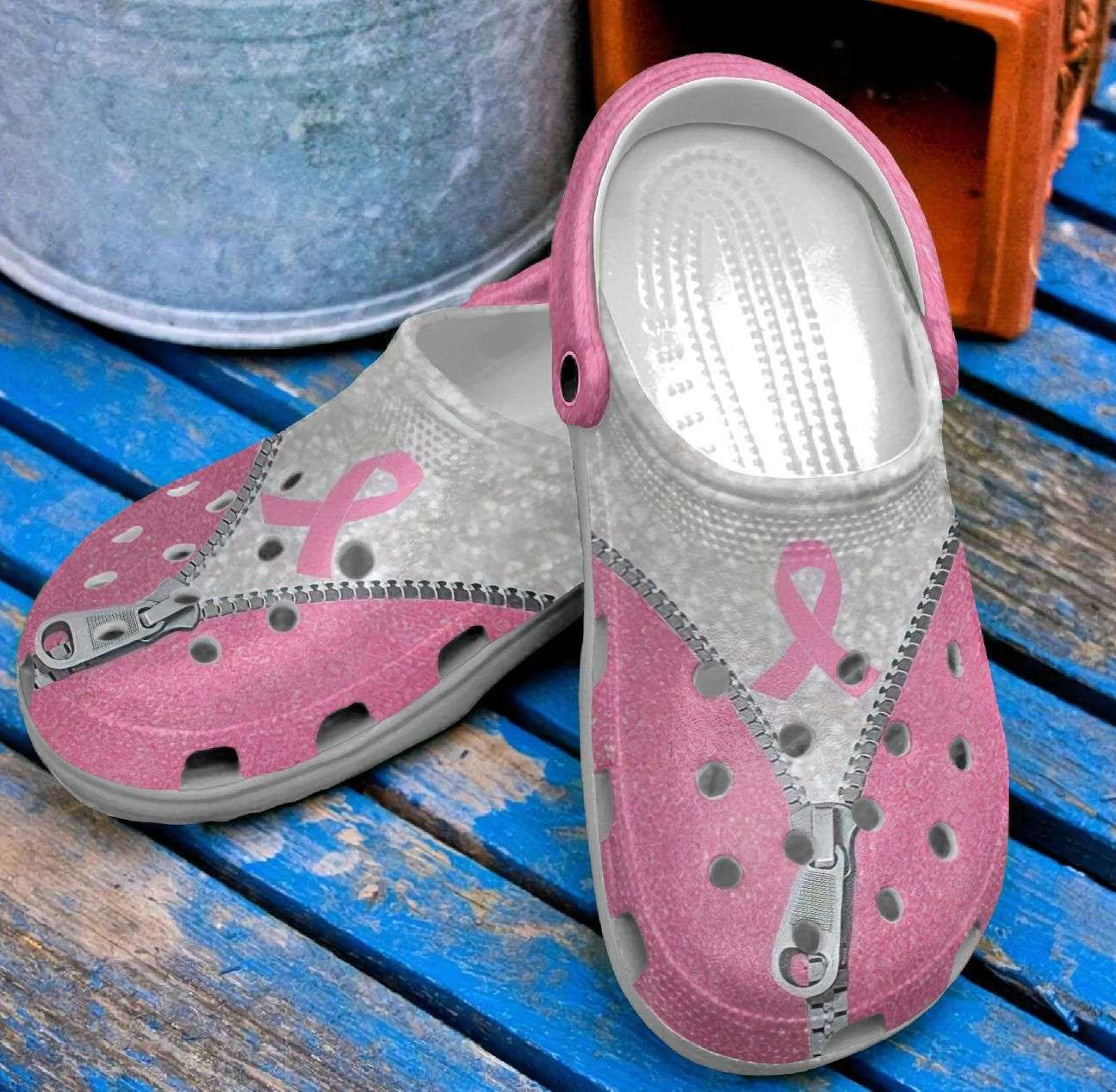 Breast Cancer Zip Line Crocs Crocband Clog Shoes