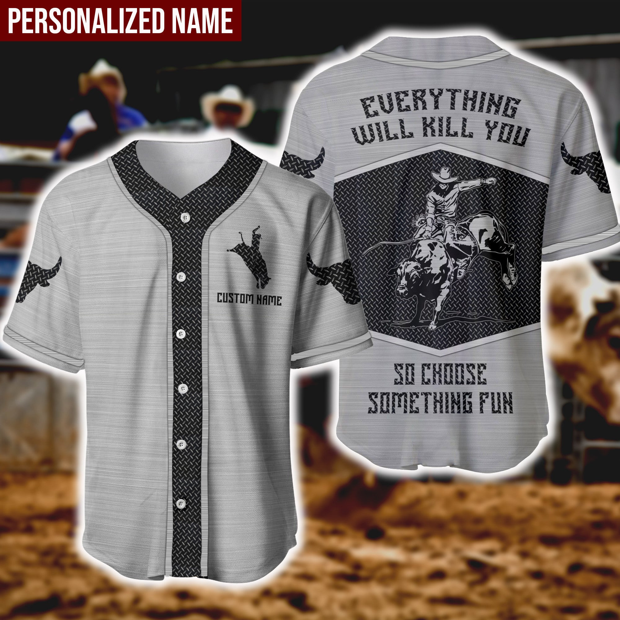 Bull Riding Metal Personalized Baseball Jersey