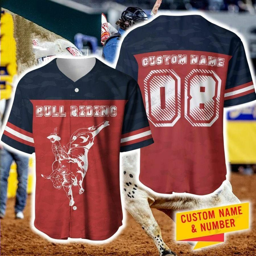 Bull Riding Navy And Red Custom Name And Number Baseball Jersey