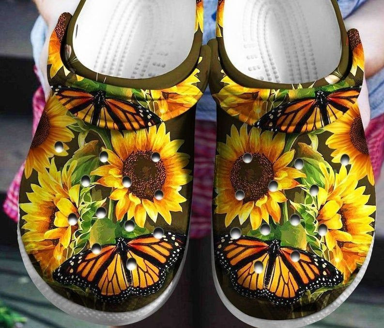 Butterflies Crocs Hippie Sunflowers Gift Hippie Girl Rubber Crocs Clog Shoes Comfy Footwear