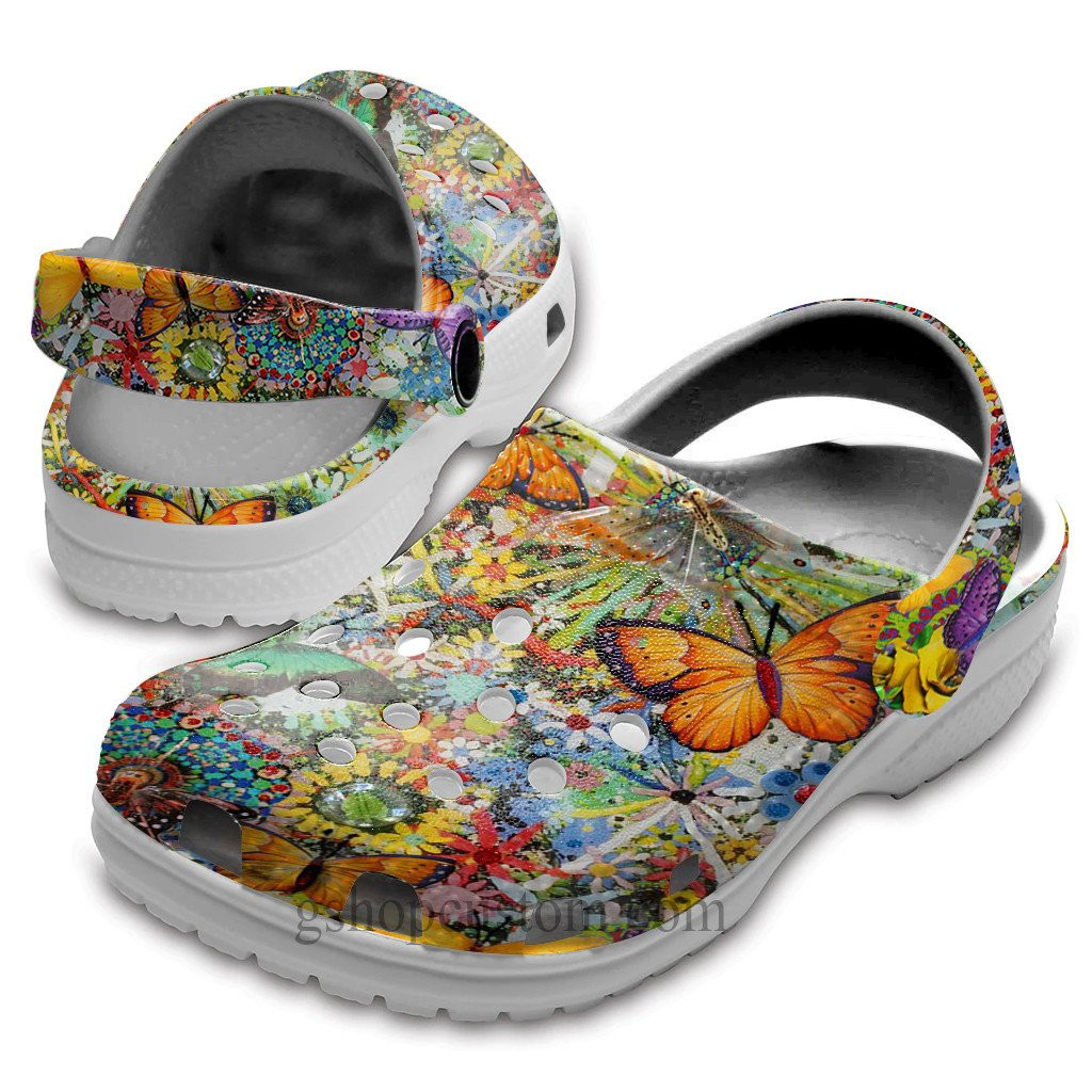 Butterflies Hippie Colorful Shoes Crocs - Vintage Buho Butterfly Clogs Shoes Gift For Women Girl