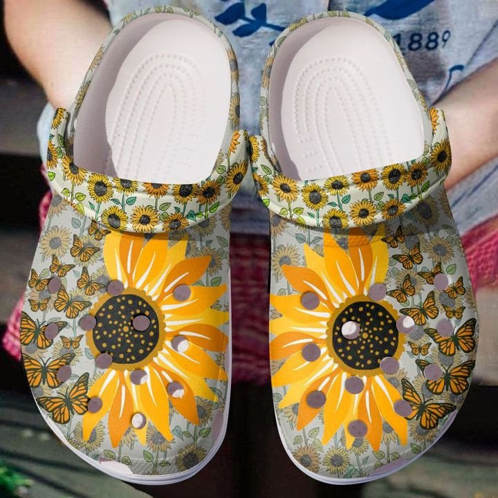 Butterflies in Sunflower Garden Clogs Crocs Shoes Gift For