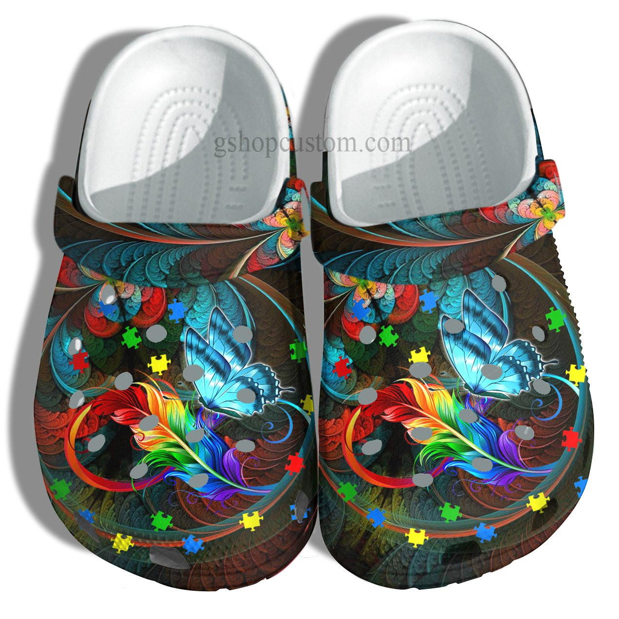 Butterfly Memory Rainbow Feather Crocs Shoes – Butterfly Autism Awareness Puzzel Shoes Croc Clogs Gifts Mother Day