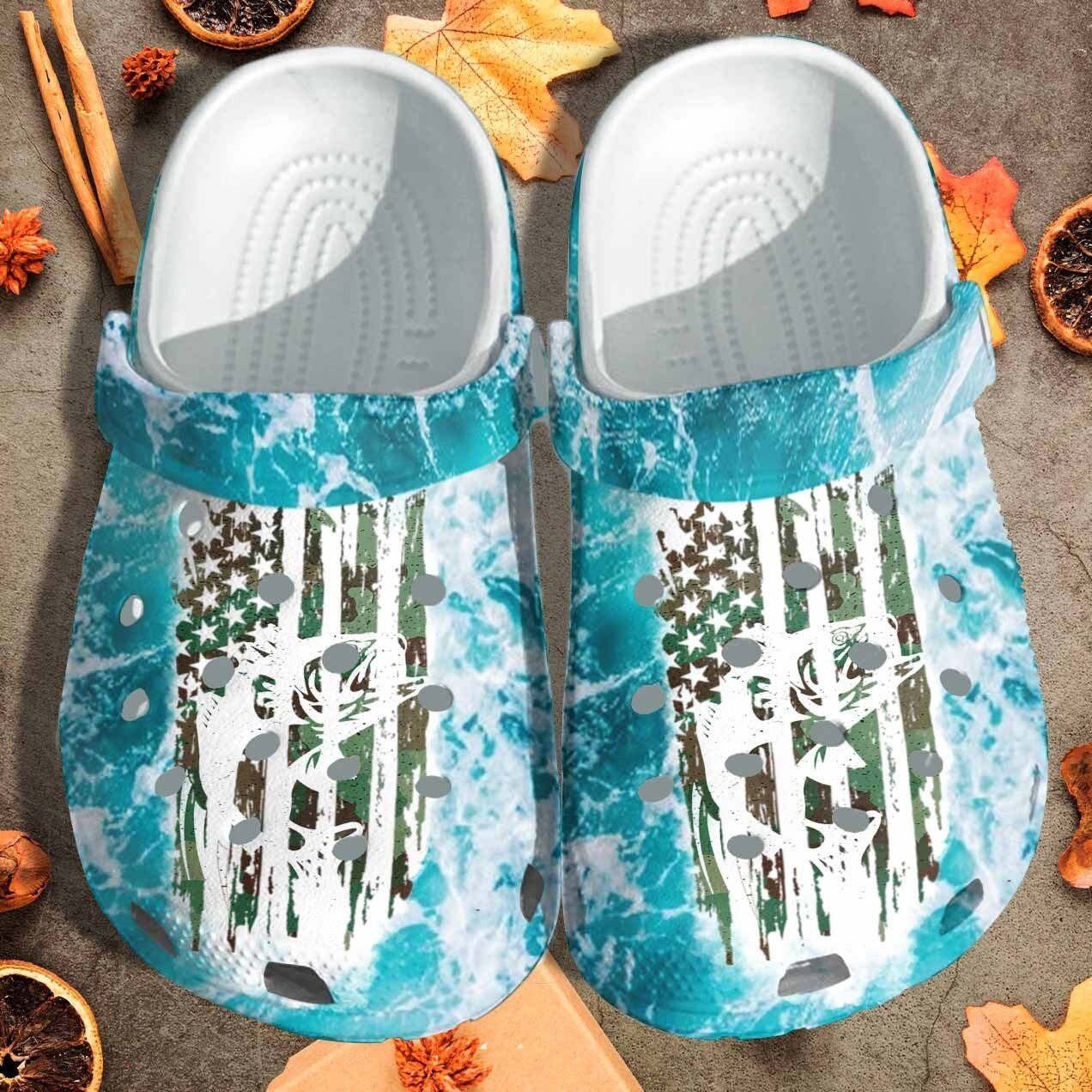 Camouflage American Flag Bass Fishing Custom Crocs Shoes Clogs Gift For Men Dad Grandpa