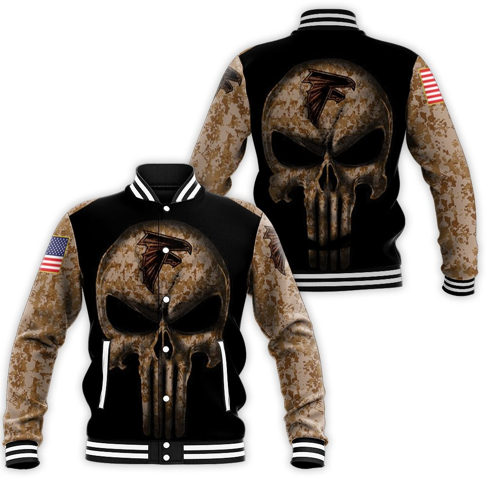 Camouflage Skull Atlanta Falcons American Flag Baseball Jacket for Men Women