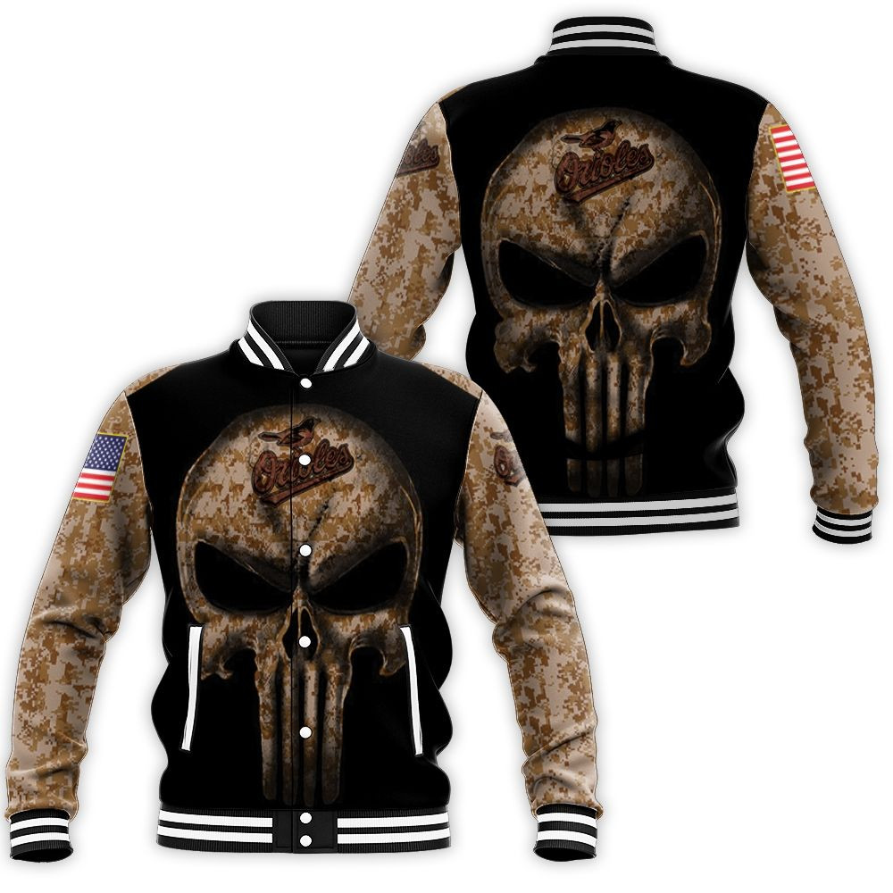 Camouflage Skull Baltimore Orioles American Flag Baseball Jacket for Men Women